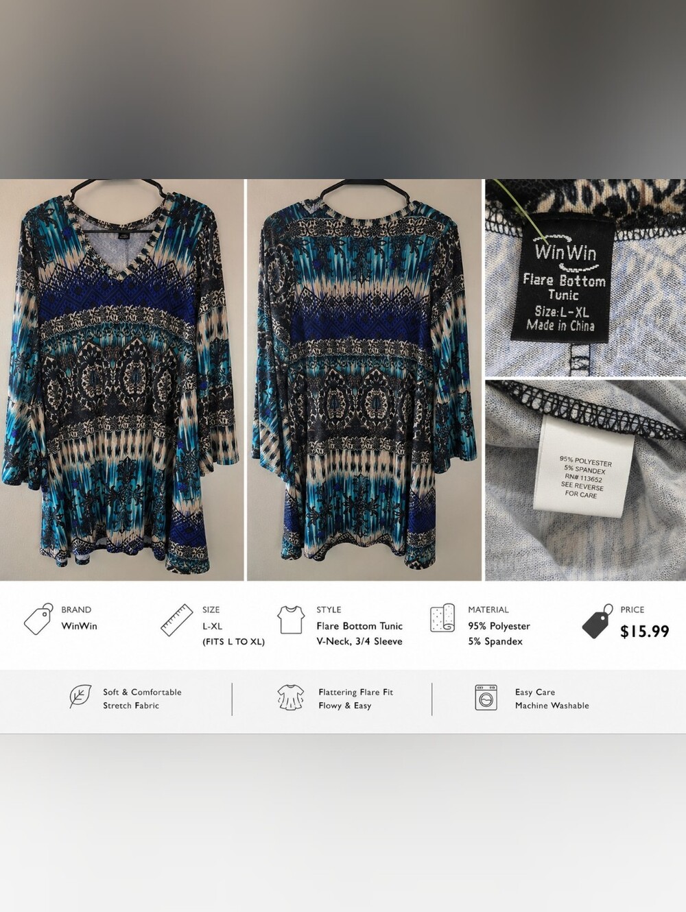 WinWin Blue Teal Black Patterned Flare-Bottom Tunic